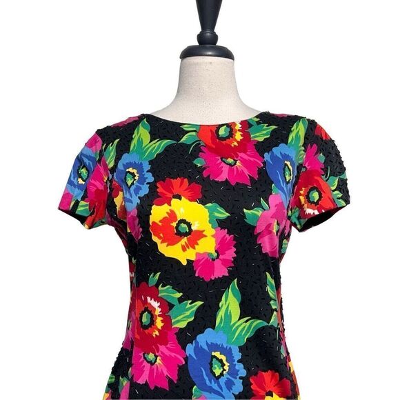 Adrienne Vittadini Vintage 90's Short Sleeve Floral Beaded Knit Dress Medium - Picture 2 of 5
